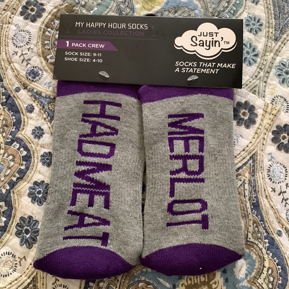 JUST Sayin’ My Happy Hour ladies crew socks size 9-11 “Had Me At Merlot”…